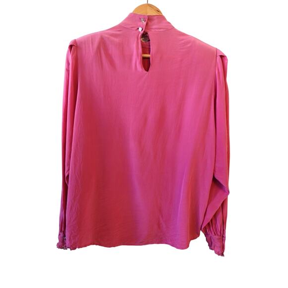 Vintage 80s Shirt Womens 6 Pink Silk Eyelet Bow Coquette Romantic Girly Top - Picture 2 of 12